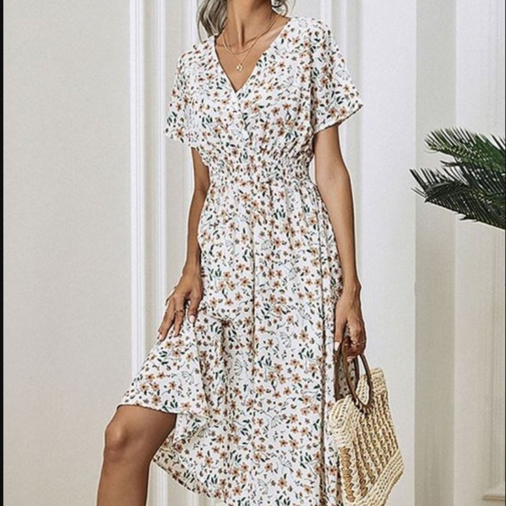 NWT Fam Fam | White Floral Smocked-Waist Surplice Dress
